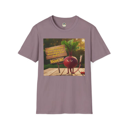 Unisex softstyle T-shirt featuring a humorous beetroot graphic design, ideal for casual wear and fun fashion statements.