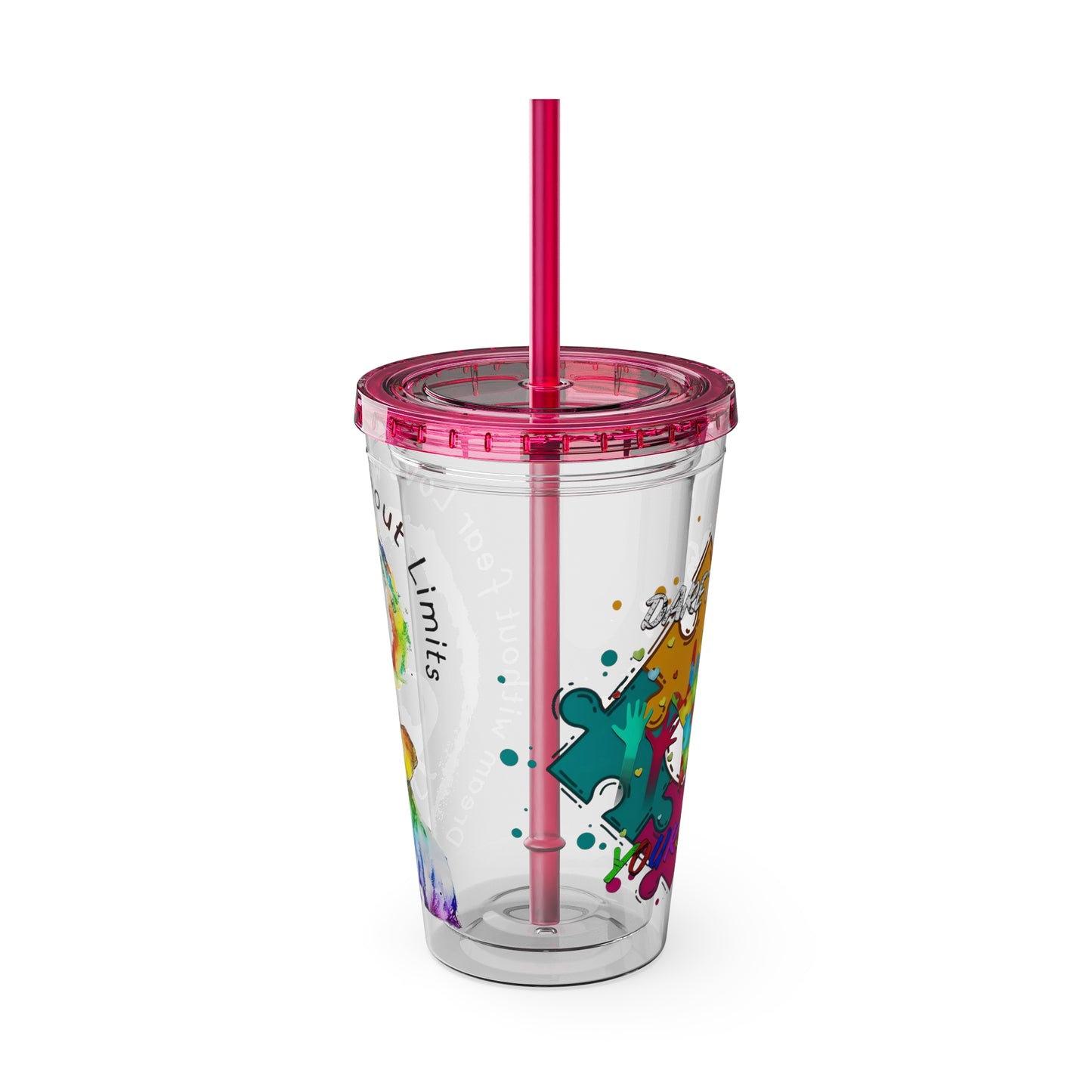 16oz Printify Sunsplash tumbler featuring a watercolor elephant design and paint-splatter puzzle pattern.