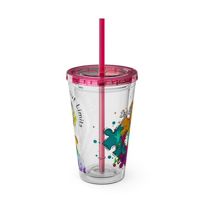 16oz Printify Sunsplash tumbler featuring a watercolor elephant design and paint-splatter puzzle pattern.