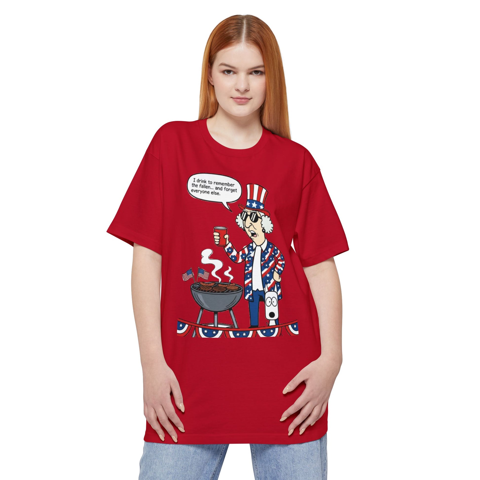 Red, white, and blue "I Drink to Remember" patriotic funny graphic T-shirt by Tall Beefy-T® on a casual cotton tee.