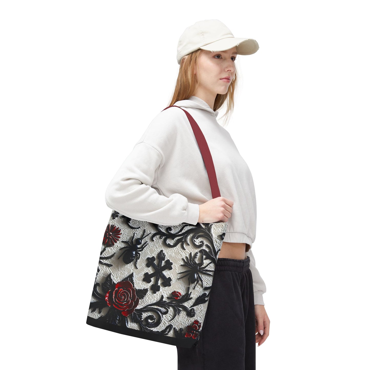 Gothic filigree tote bag with ornate dark floral print, featuring a stylish bag design by Printify.