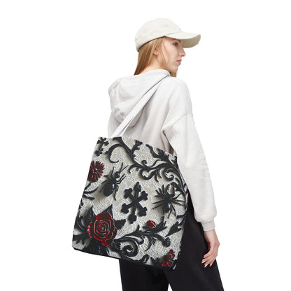 Gothic filigree tote bag with ornate dark floral all-over print, stylish bags by Printify featuring intricate design and spacious interior.