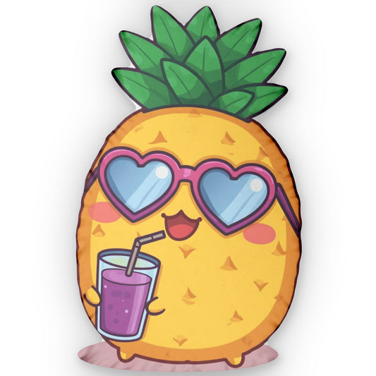Pineapple Drink Custom Shaped Pillow — Tropical Home Decor & Funny Fruit Gift with Heart Sunglasses, Watercolor Art Decorative Throw Pillow for Summer Vibe Accent - Ramshackle Shack