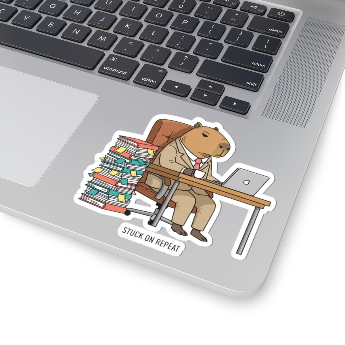 Sticker featuring a capybara in office attire from the Stuck on Repeat Capybara Office Sticker series, illustrating unhinged animal bureaucracy.