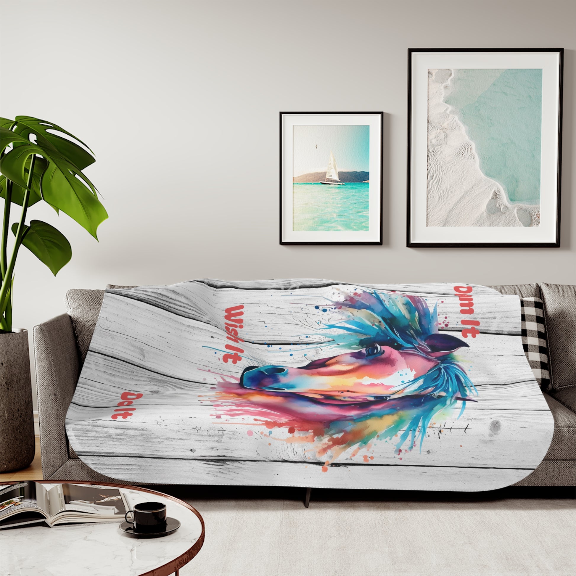 Watercolor horse Sherpa blanket with two-tone cozy throw design, ideal for home decor and adding warmth to living space.