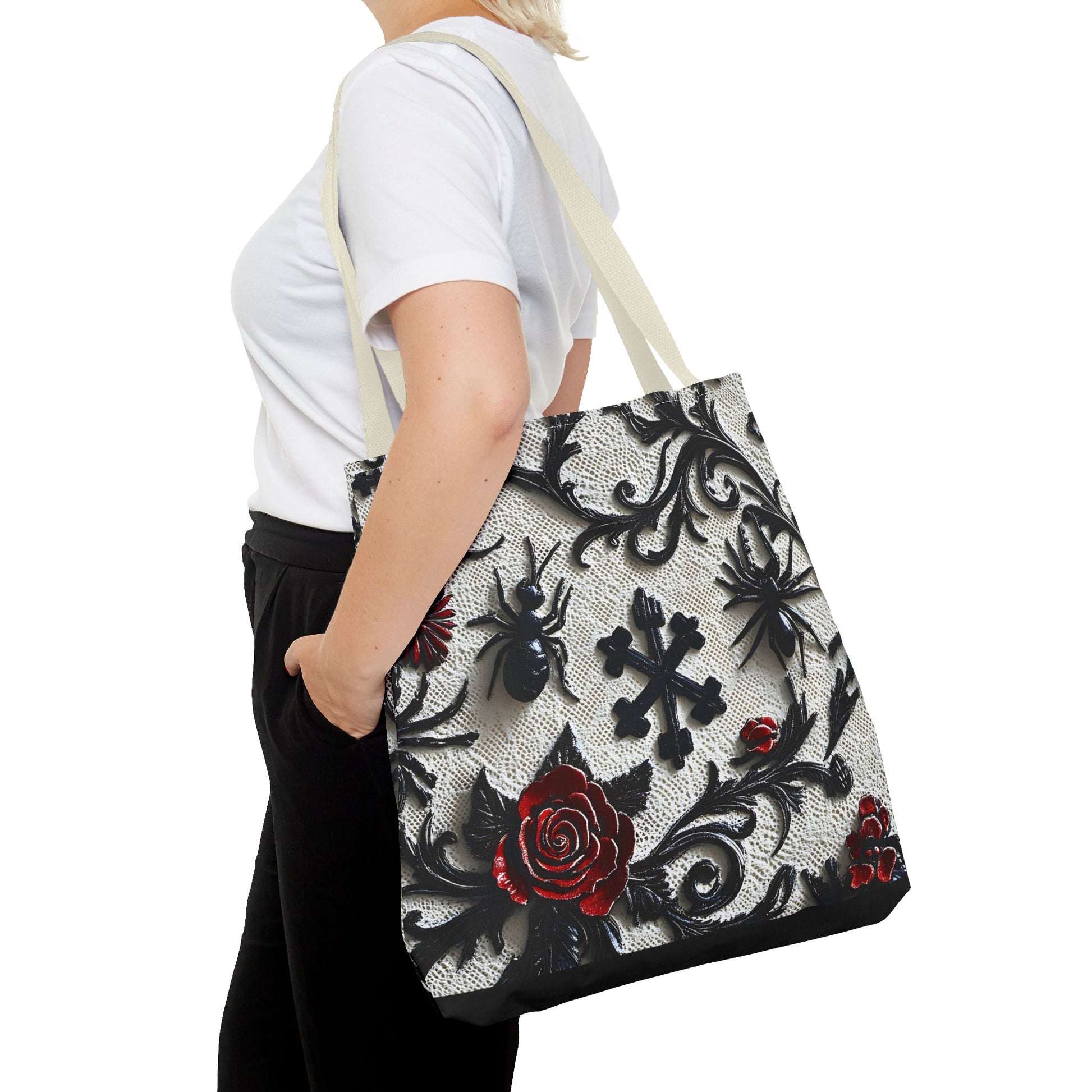 Gothic filigree tote bag with ornate dark floral all-over print from Printify, featuring intricate design and spacious bag interior.