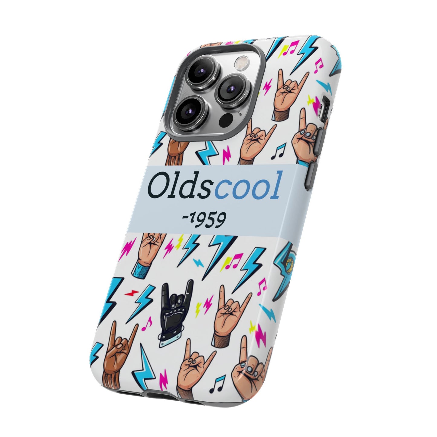 Retro Rock 'Oldscool 1959' Phone Case – Lightning & Rock Hand Pattern - Ramshackle Shack