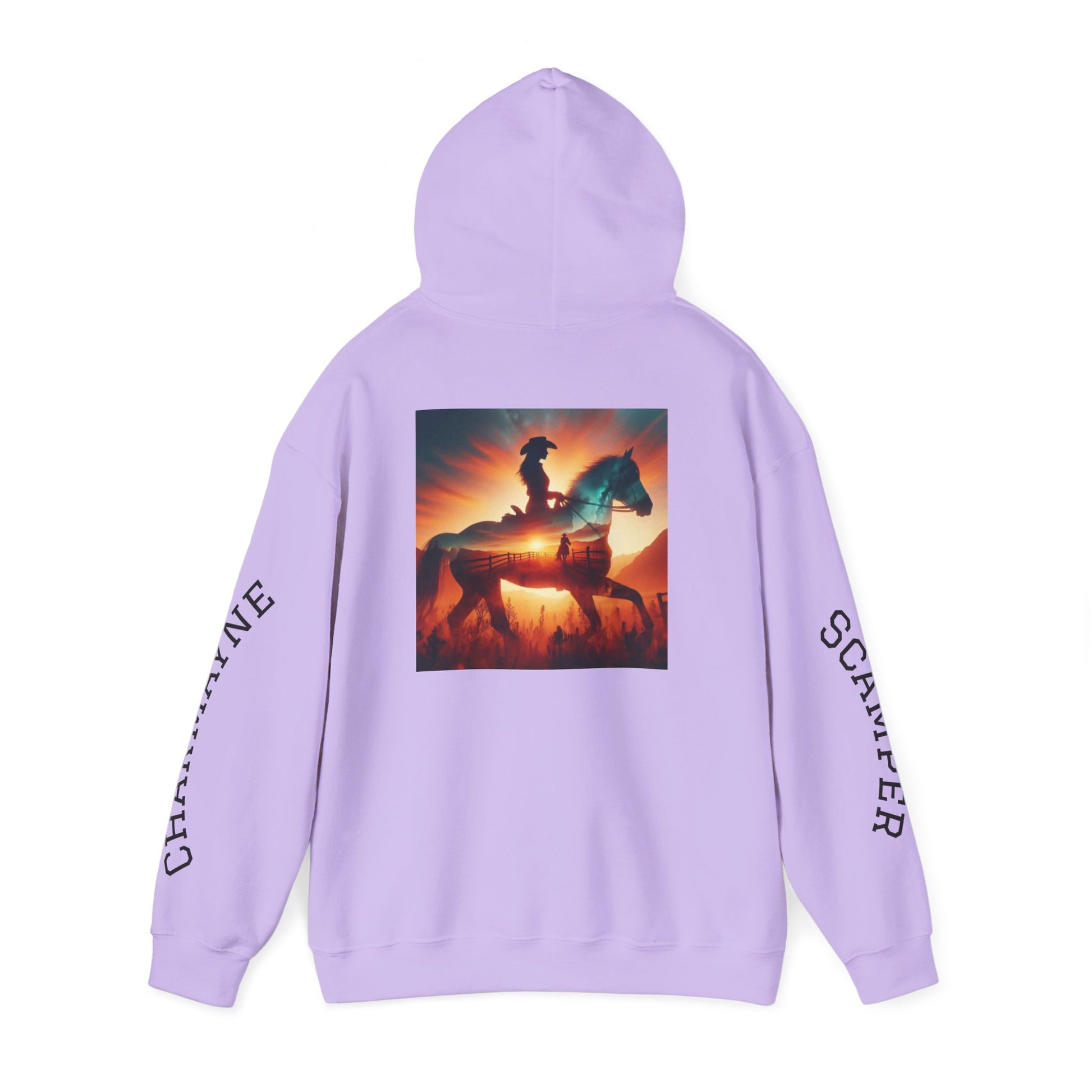Western minimalist rider hoodie featuring a personalized bull skull and prairie sunset design by Printify.