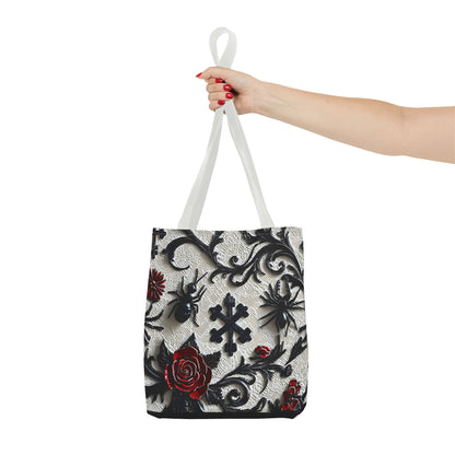 Gothic filigree tote bag with dark floral print, ornate design, and sturdy handles, perfect for stylish everyday use.
