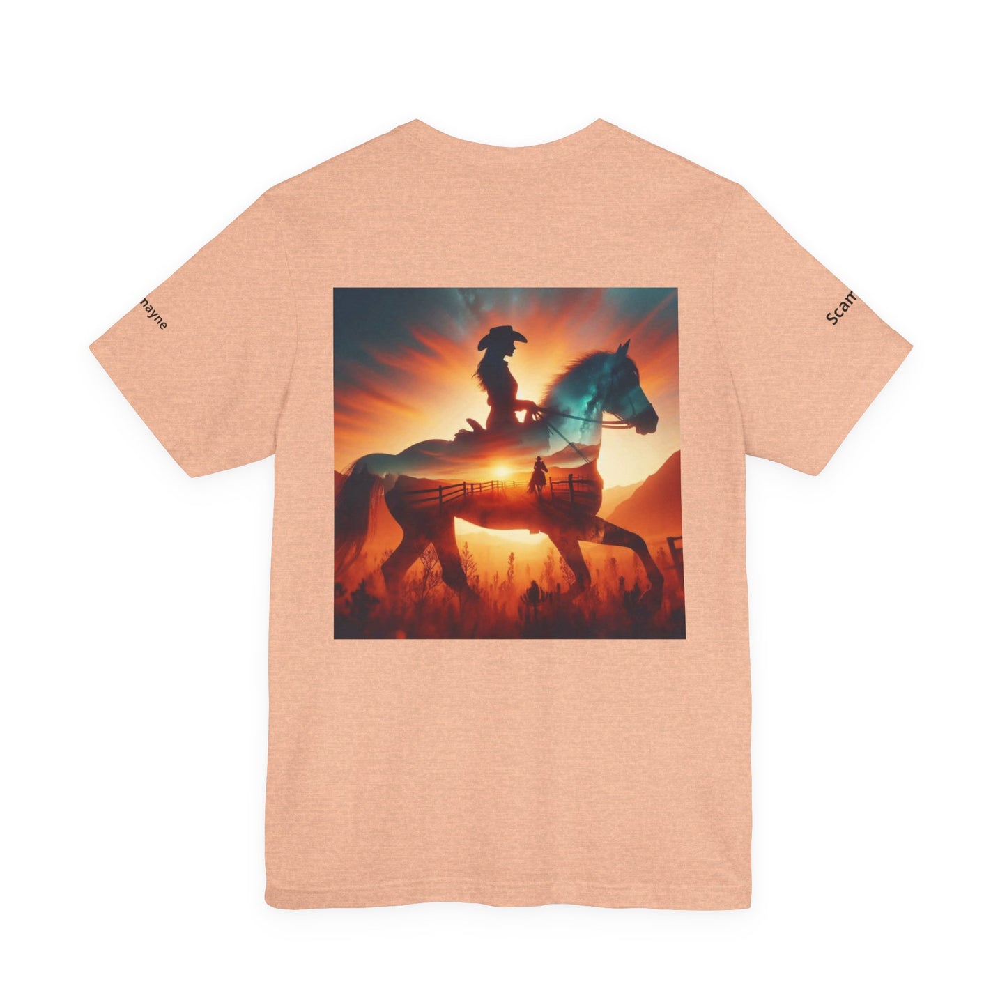 Personalized Western sunset T-shirt from Nothing So Wild Rider Tee by Printify featuring a colorful western landscape design.