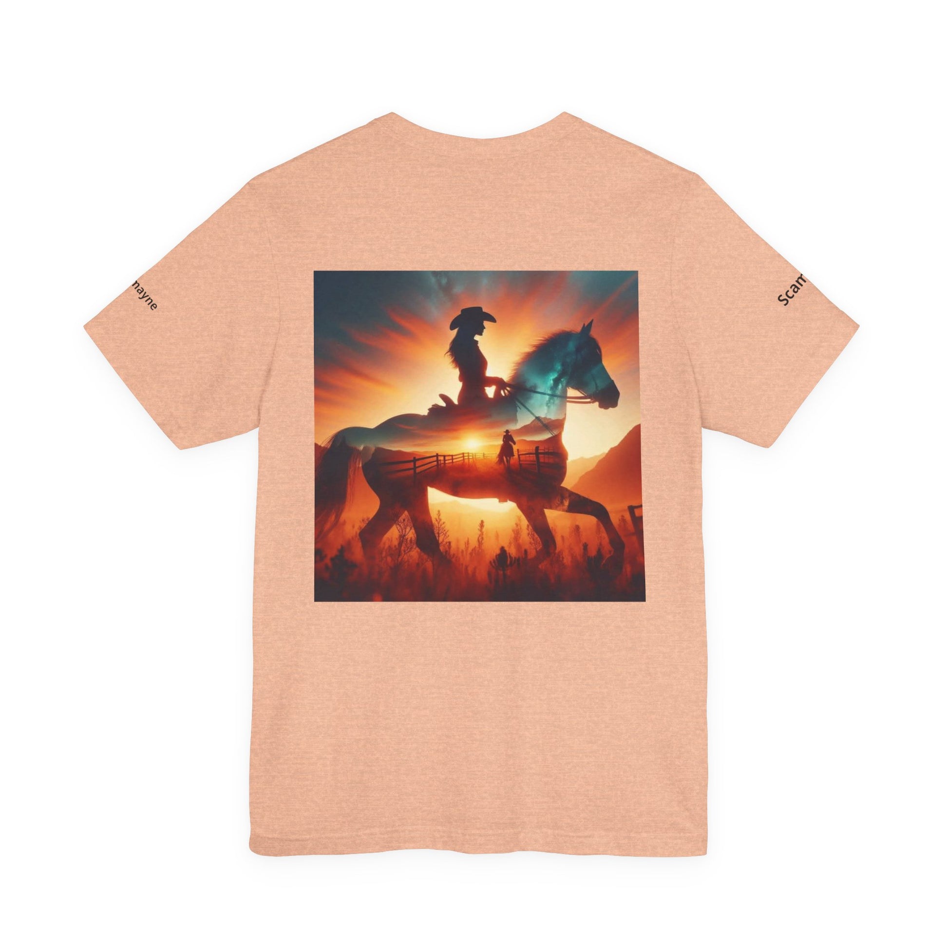 Personalized Western sunset T-shirt from Nothing So Wild Rider Tee by Printify featuring a colorful western landscape design.