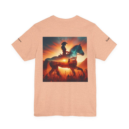 Personalized Western sunset T-shirt from Nothing So Wild Rider Tee by Printify featuring a colorful western landscape design.