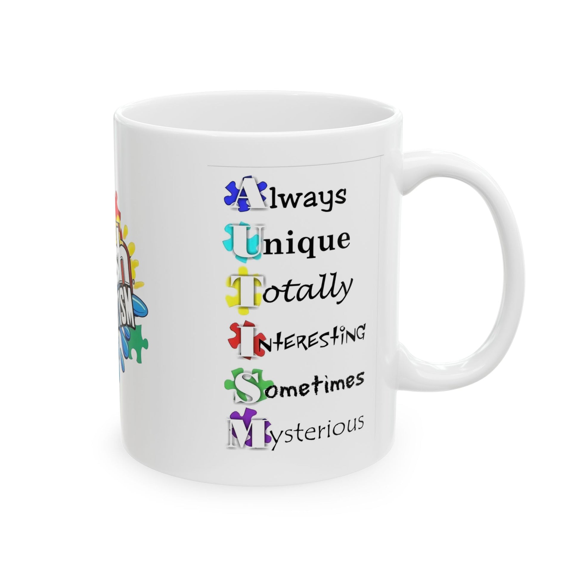 Colorful Crush Autism ceramic mug featuring puzzle piece design, available in 11oz and 15oz sizes by Printify.