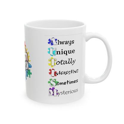 Colorful Crush Autism ceramic mug featuring puzzle piece design, available in 11oz and 15oz sizes by Printify.