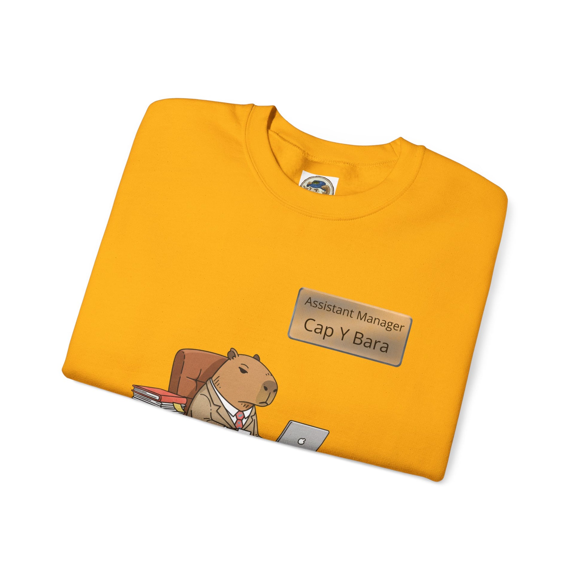 Adult sweatshirts featuring a humorous office capybara at desk illustration from the Unhinged Animal Bureaucracy collection.