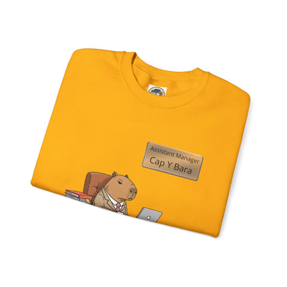 Adult sweatshirts featuring a humorous office capybara at desk illustration from the Unhinged Animal Bureaucracy collection.
