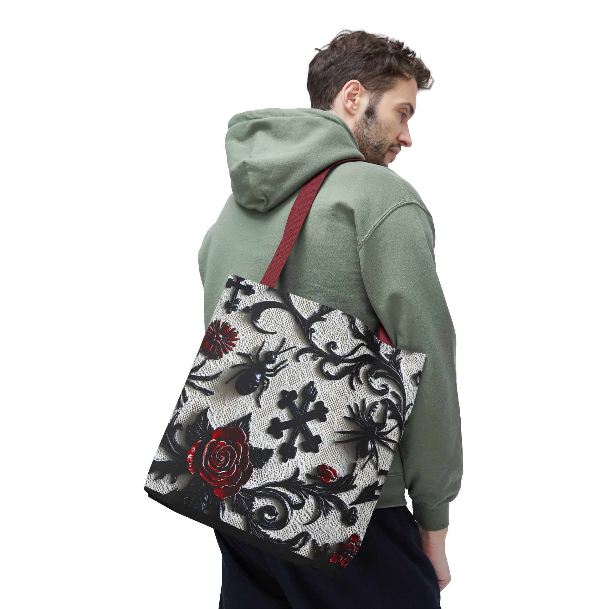Gothic filigree tote bag with ornate dark floral all-over print, featuring intricate design and sturdy handles.