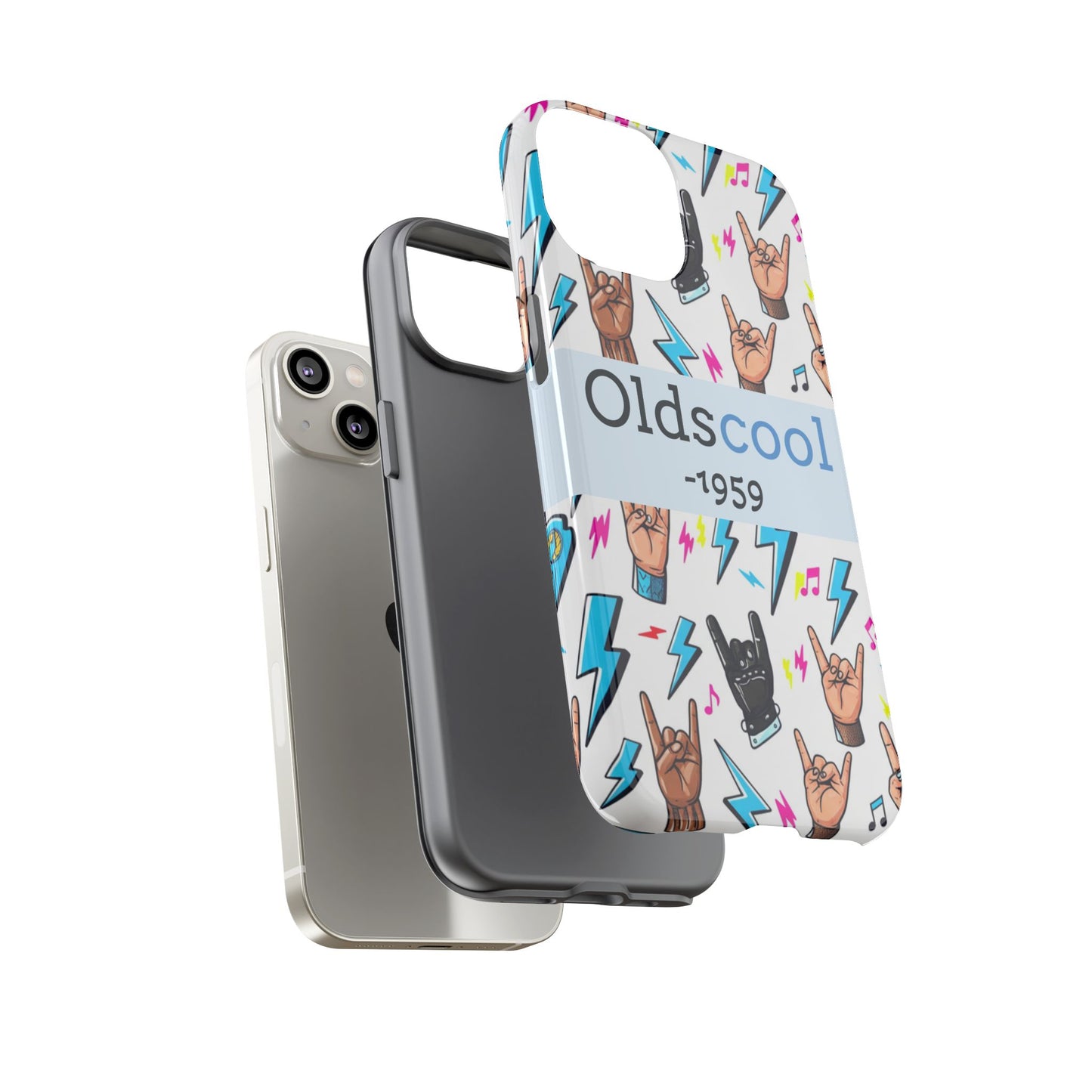 Retro Rock 'Oldscool 1959' Phone Case – Lightning & Rock Hand Pattern - Ramshackle Shack