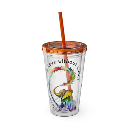 16oz Printify Sunsplash tumbler featuring Watercolor Elephant design and paint-splatter puzzle pattern.