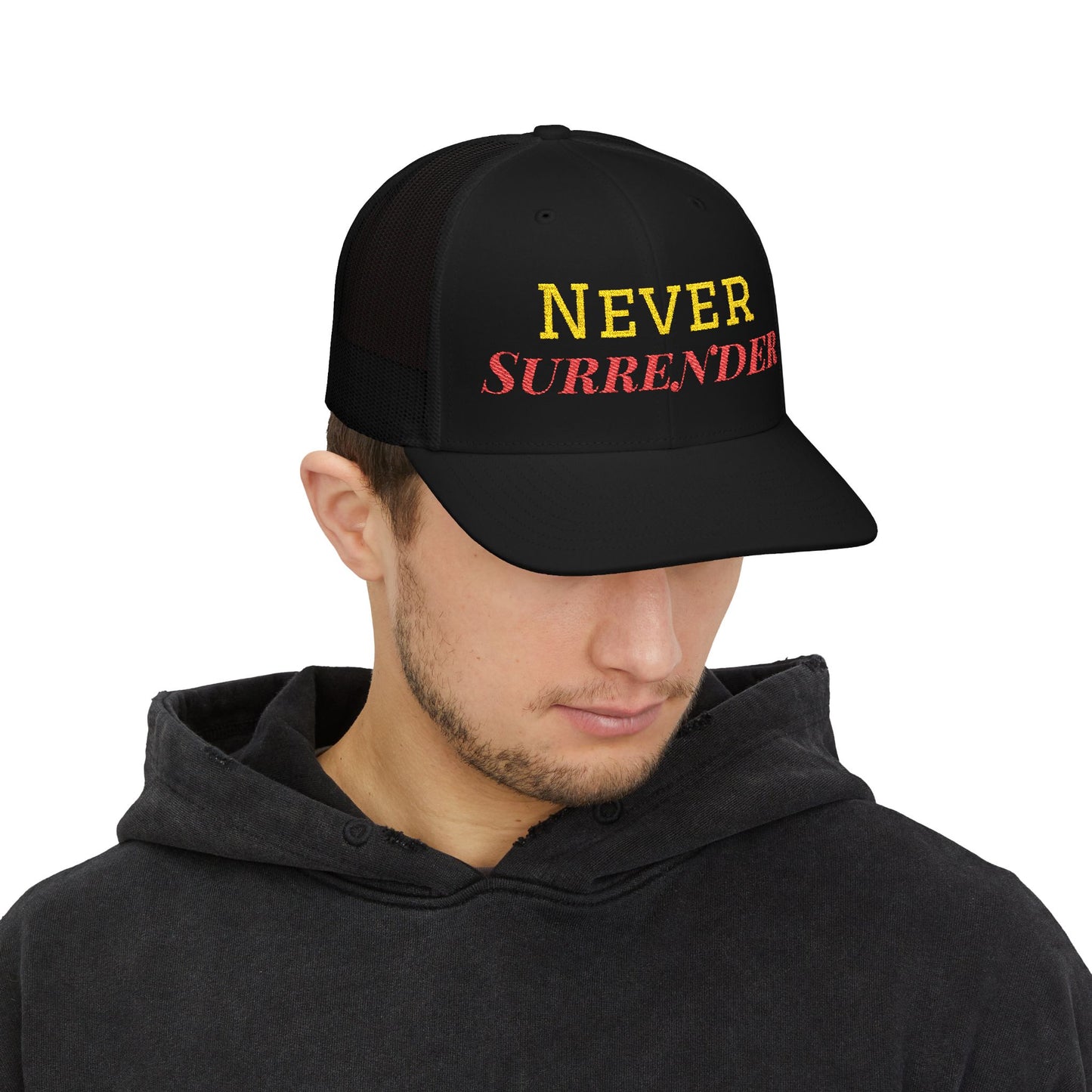 Printify Never Surrender snapback trucker cap with adjustable strap and bold design, featuring a flat brim and breathable mesh panels.