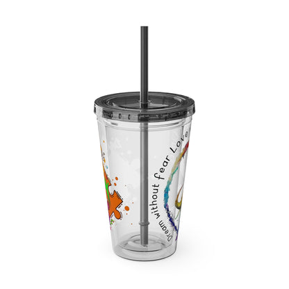 16oz Printify Sunsplash tumbler featuring watercolor elephant design and paint-splatter puzzle pattern.