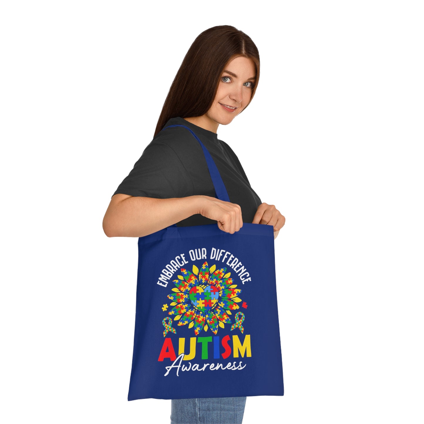 Autism Awareness Cotton Tote — "Embrace Our Difference" Puzzle Ribbon Design - Ramshackle Shack
