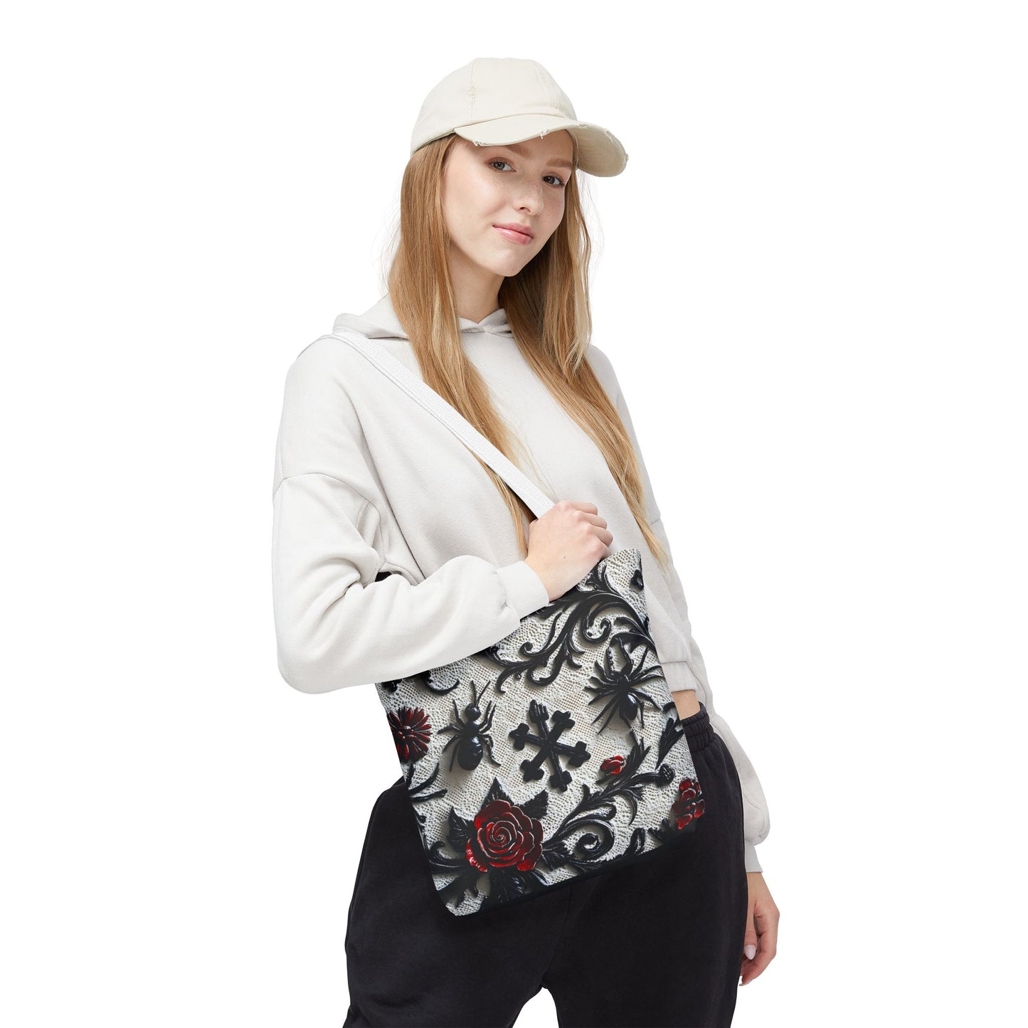 Gothic filigree tote bag with an ornate dark floral all-over print, featuring intricate design and sturdy handles.