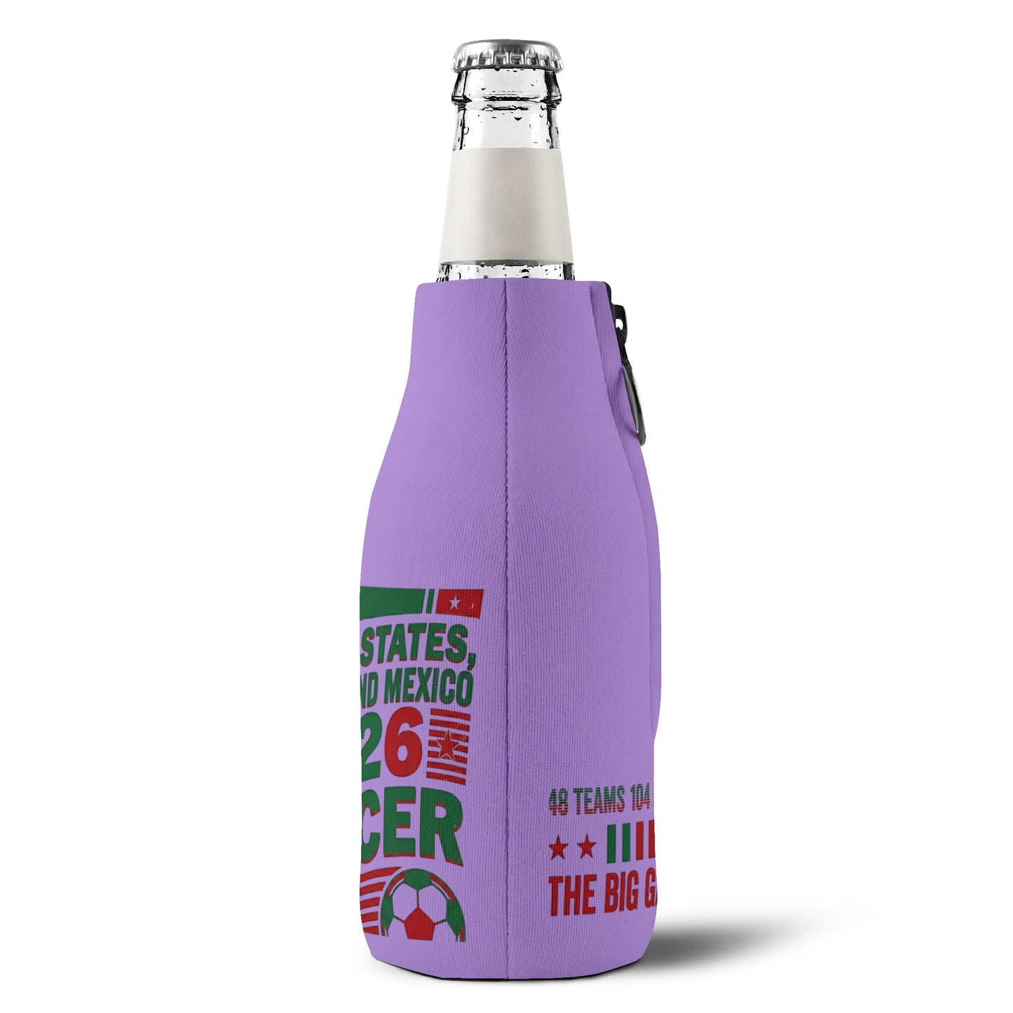 Personalized soccer chick bottle koozie for the 2026 World Cup, featuring vibrant design and logo for USA, Canada, and Mexico fans.