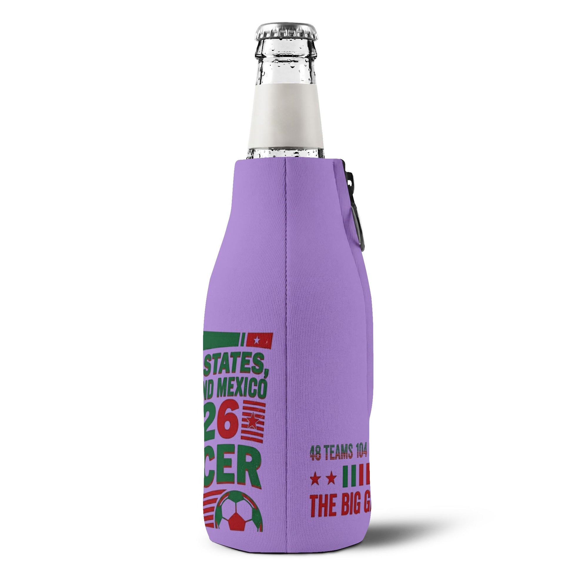 Personalized soccer chick bottle koozie for the 2026 World Cup, featuring vibrant design and logo for USA, Canada, and Mexico fans.