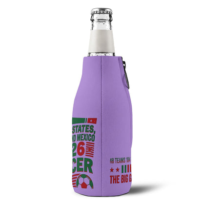 Personalized soccer chick bottle koozie for the 2026 World Cup, featuring vibrant design and logo for USA, Canada, and Mexico fans.