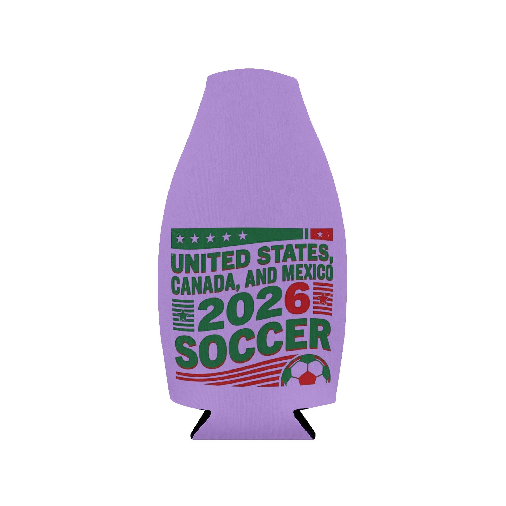 Personalized soccer chick bottle koozie for 2026 World Cup, featuring colorful soccer design and custom text, by Printify.