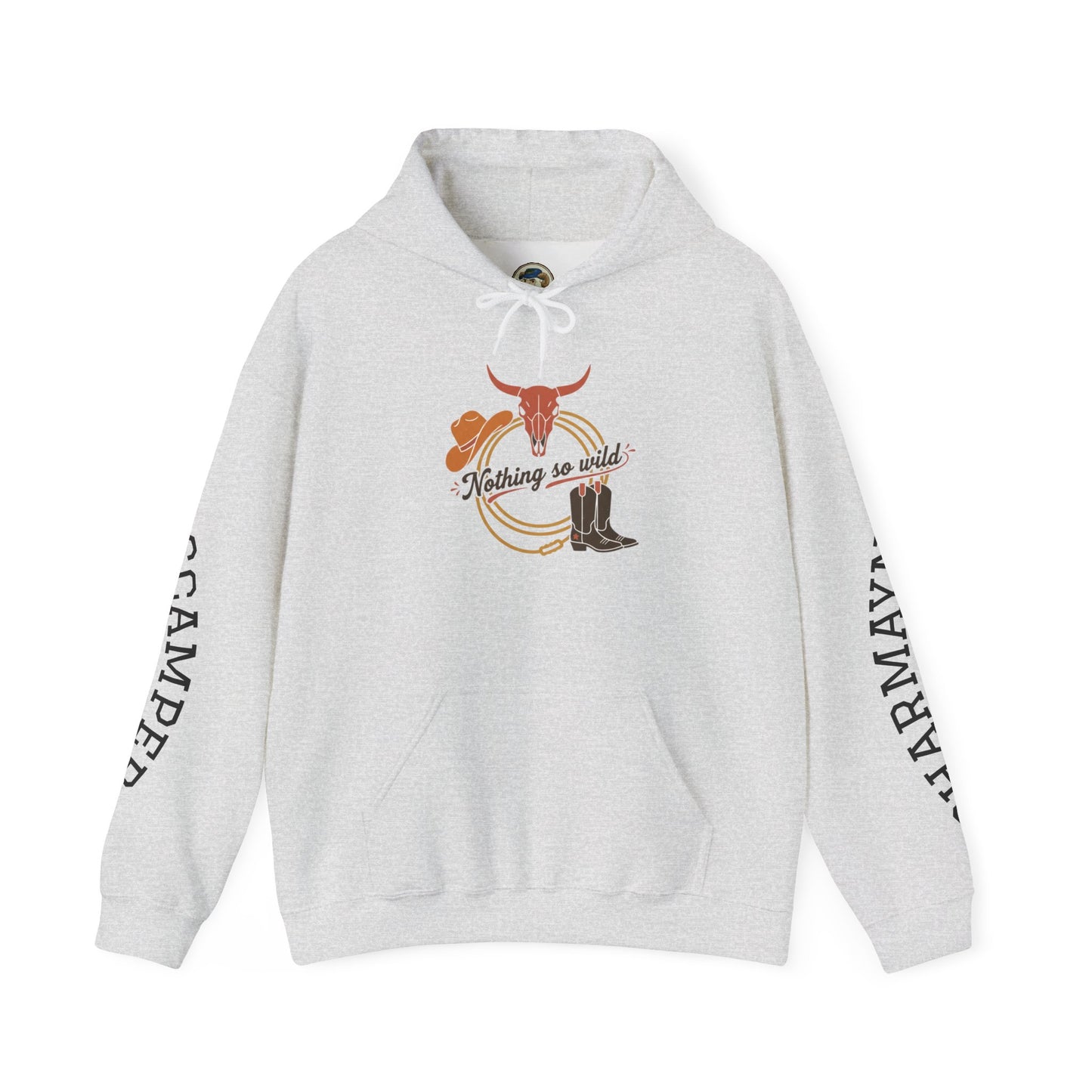 Western minimalist rider hoodie featuring a personalized bull skull and prairie sunset design by Printify.