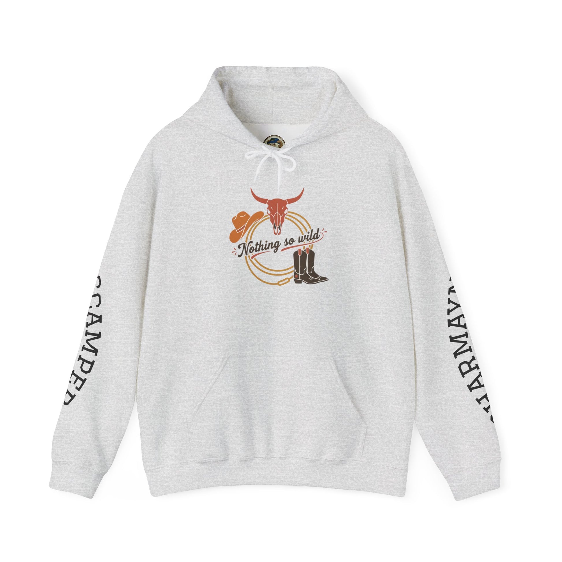 Western minimalist rider hoodie featuring a personalized bull skull and prairie sunset design by Printify.