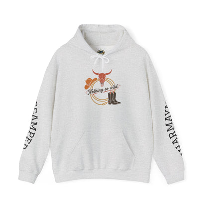 Western minimalist rider hoodie featuring a personalized bull skull and prairie sunset design by Printify.