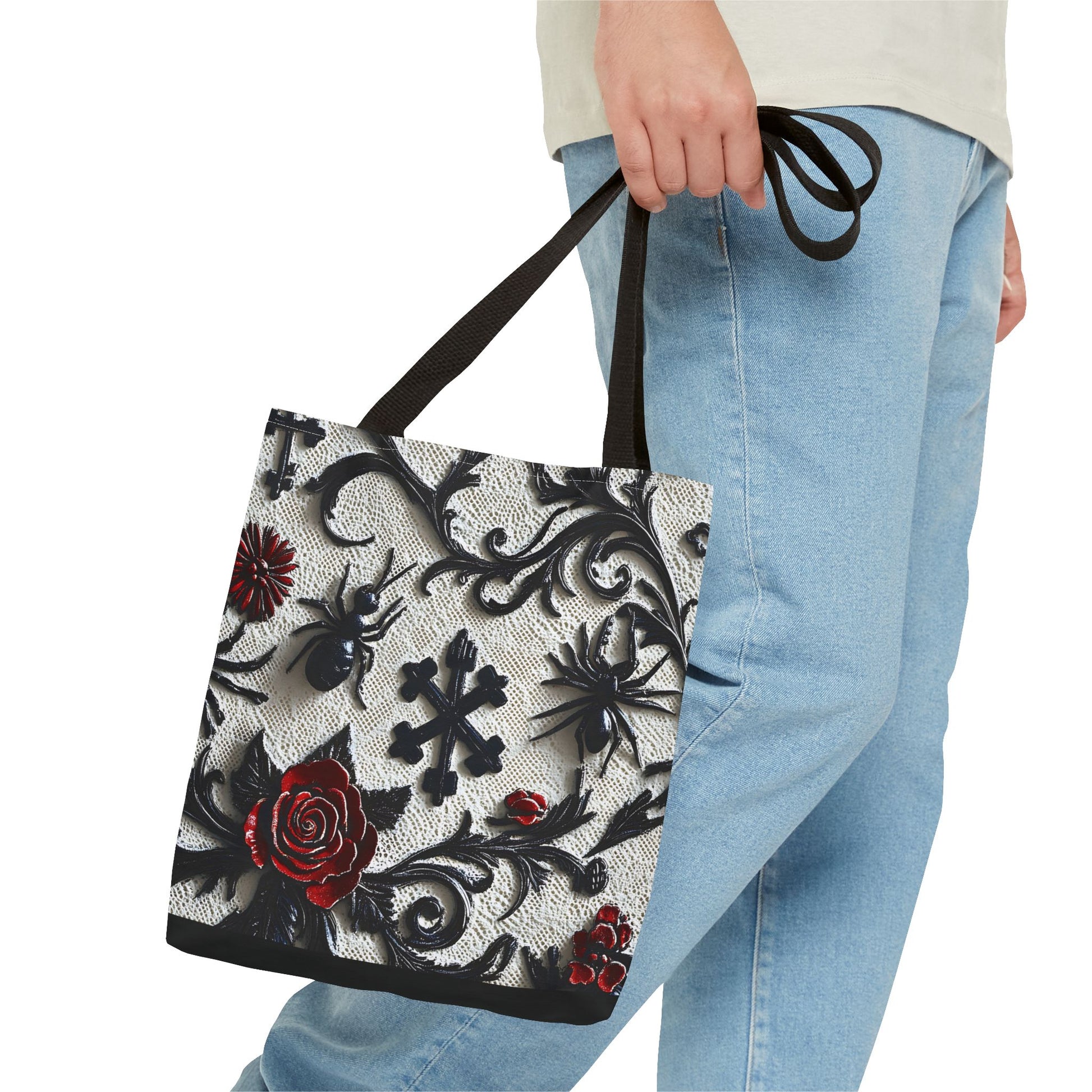 Gothic filigree tote bag with ornate dark floral all-over print, featuring intricate black floral designs on a sturdy bag.