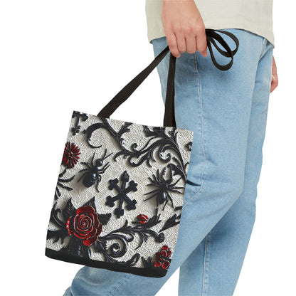 Gothic filigree tote bag with ornate dark floral all-over print, featuring intricate black floral designs on a sturdy bag.