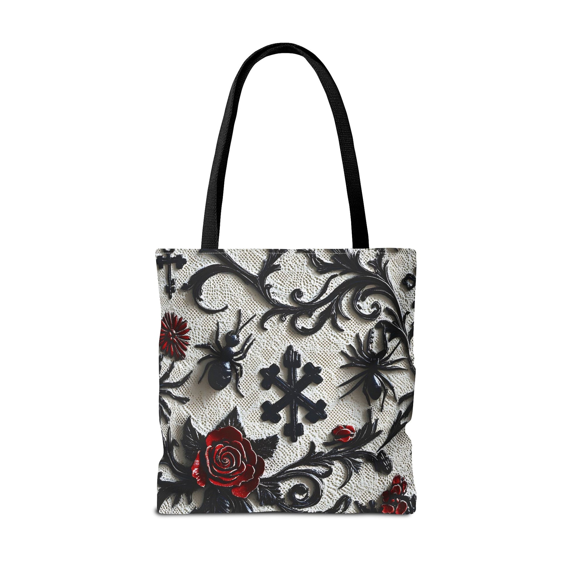 Gothic filigree tote bag with ornate dark floral all-over print, featuring intricate design and spacious bag interior.