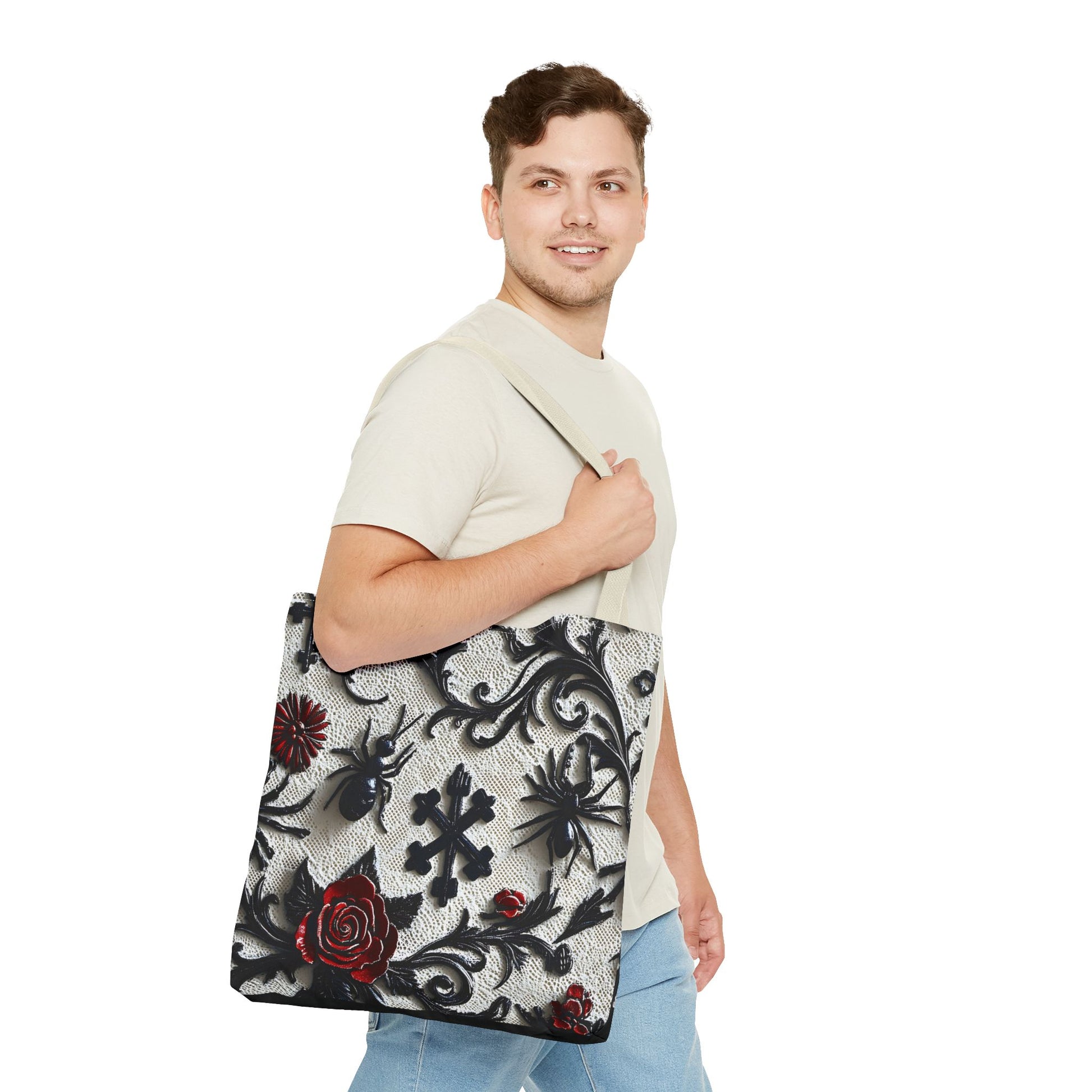 Gothic filigree tote bag with ornate dark floral all-over print, featuring intricate design and spacious bag for everyday use.