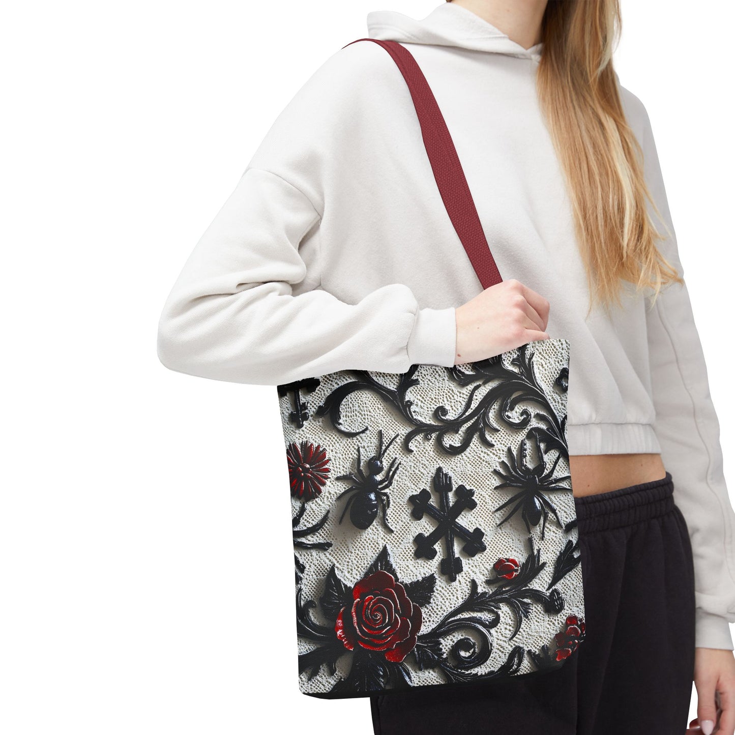 Gothic filigree tote bag with ornate dark floral all-over print, featuring intricate design and durable fabric.