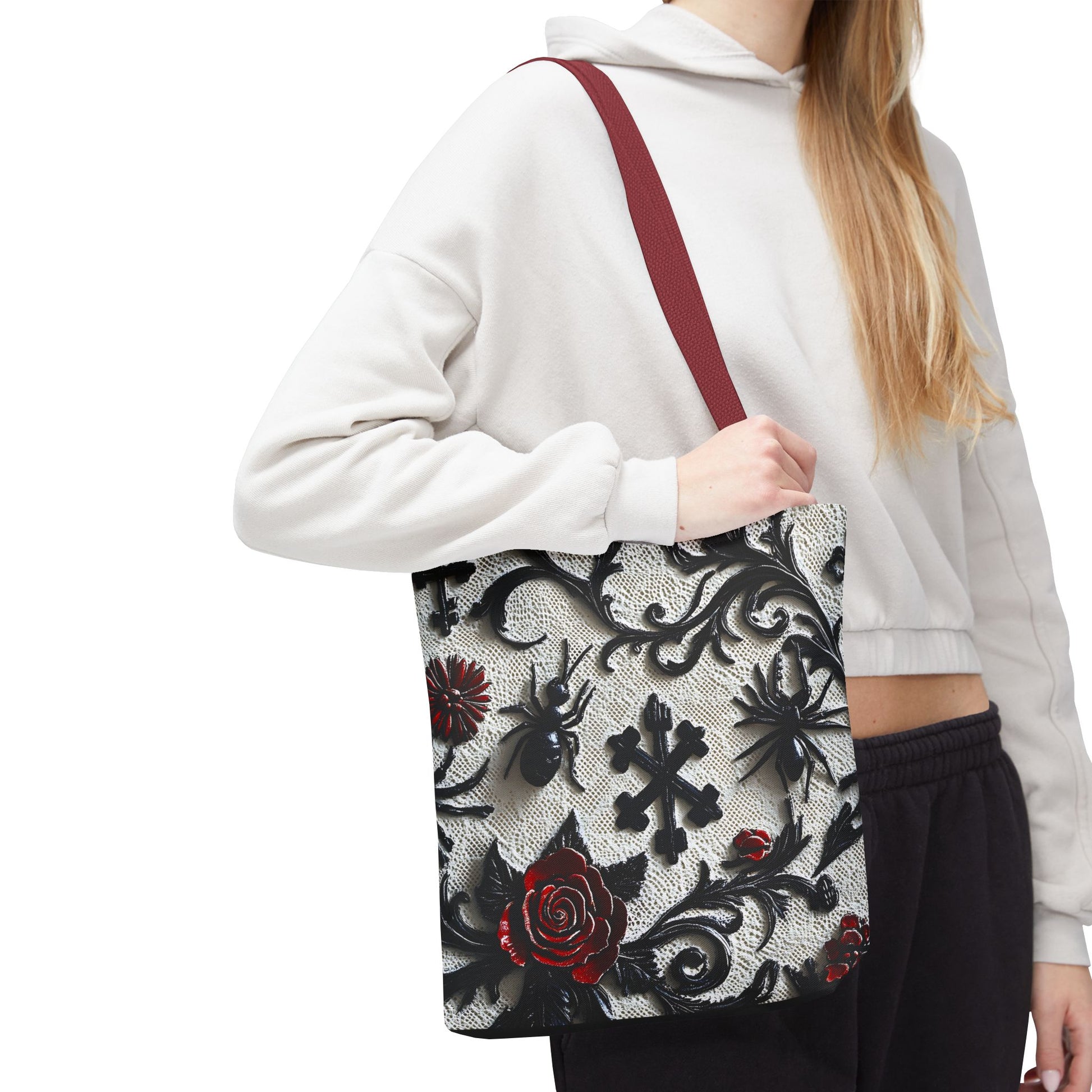 Gothic filigree tote bag with ornate dark floral all-over print, featuring intricate design and durable fabric.
