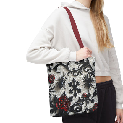 Gothic filigree tote bag with ornate dark floral all-over print, featuring intricate design and durable fabric.