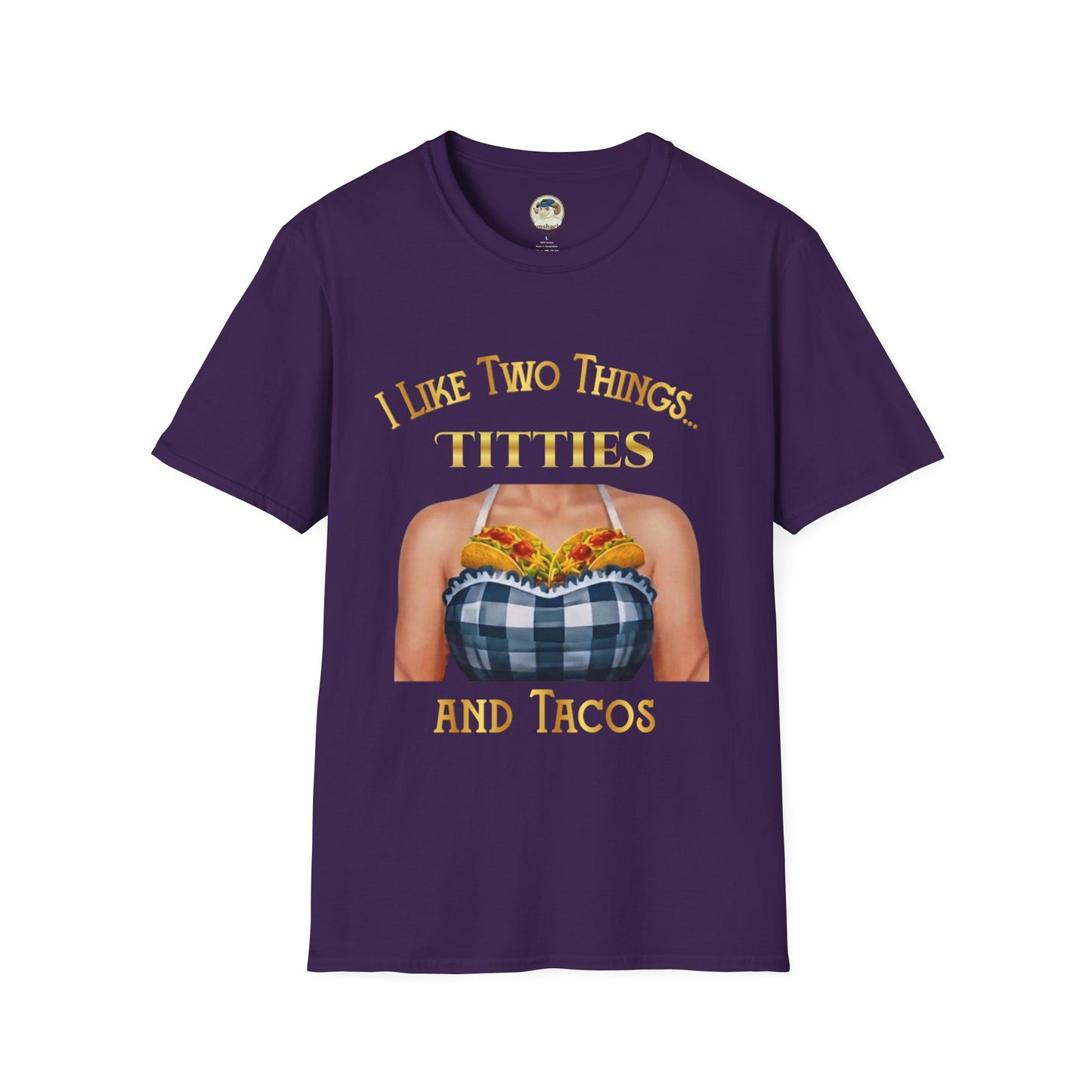 Funny graphic T-shirt from Printify with the phrase "I Like Two Things: Titties and Tacos" on a casual cotton T-shirt.