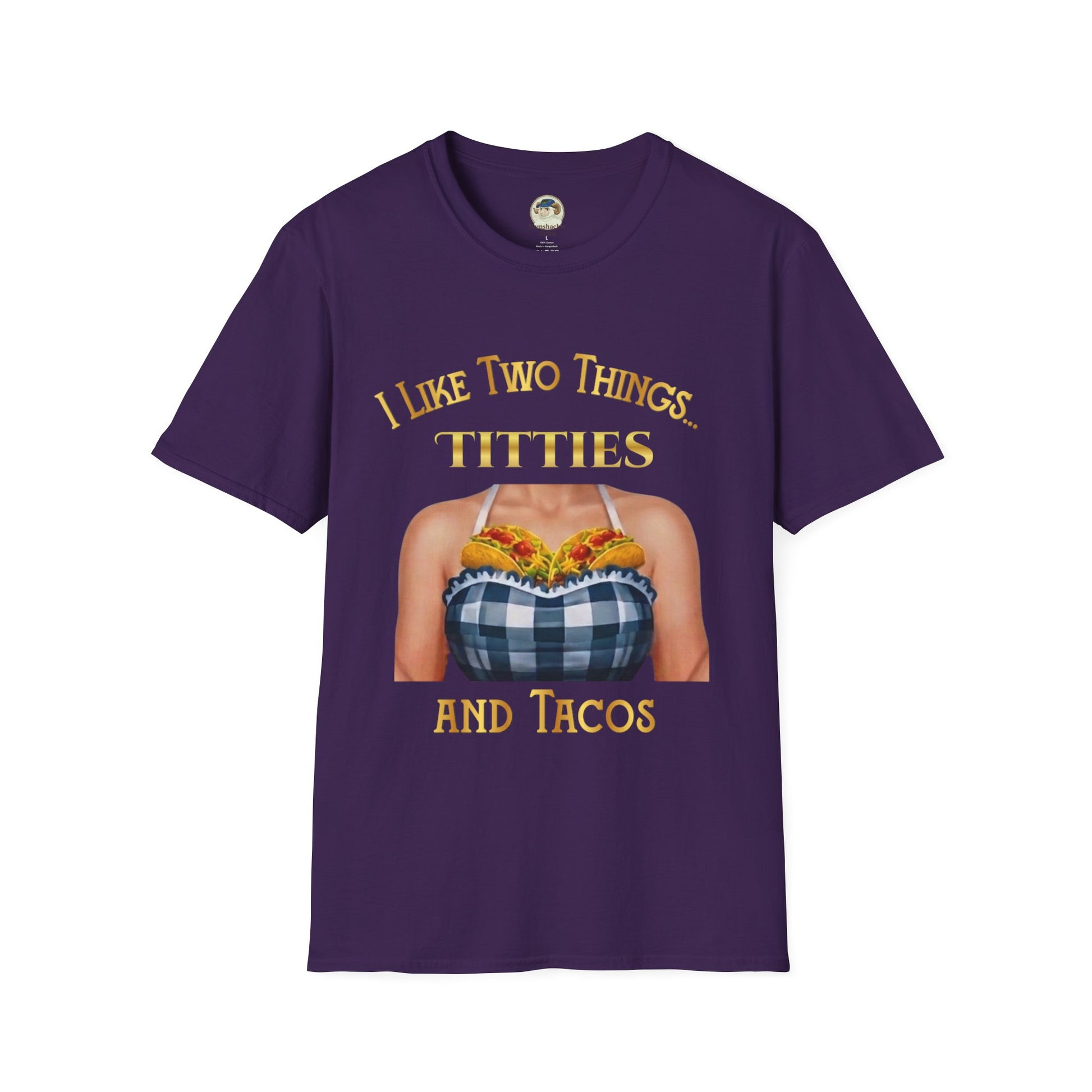 Funny graphic T-shirt from Printify with the phrase "I Like Two Things: Titties and Tacos" on a casual cotton T-shirt.