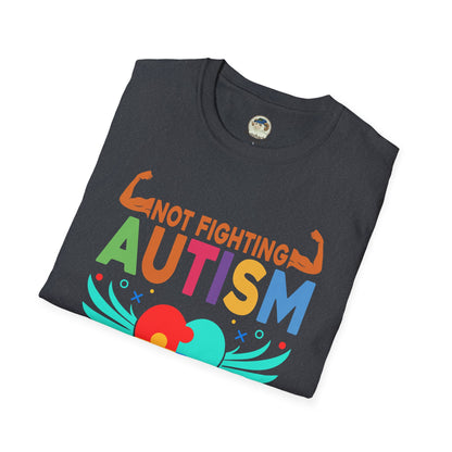 Autism Awareness T-Shirt — "Not Fighting Autism, Working With It" Puzzle Ribbon Tee - Ramshackle Shack