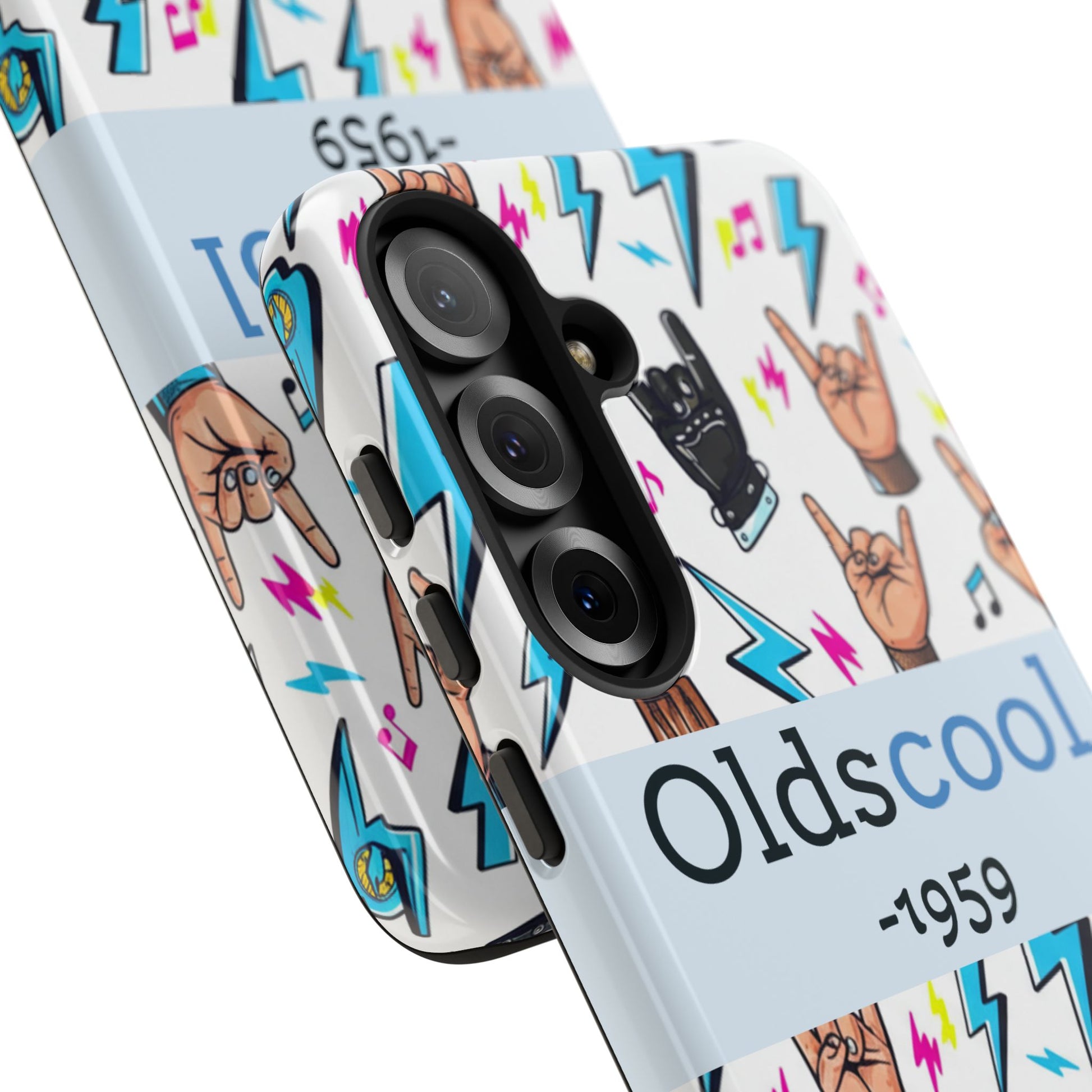 Retro Rock 'Oldscool 1959' Phone Case – Lightning & Rock Hand Pattern - Ramshackle Shack