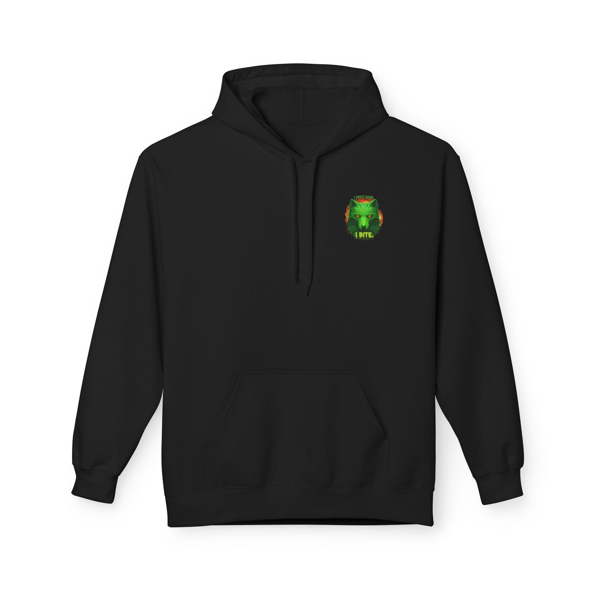 Neon green wolf graphic hoodie for night riders, printed by Printify, featuring a bold wolf design on a comfortable hoodie.