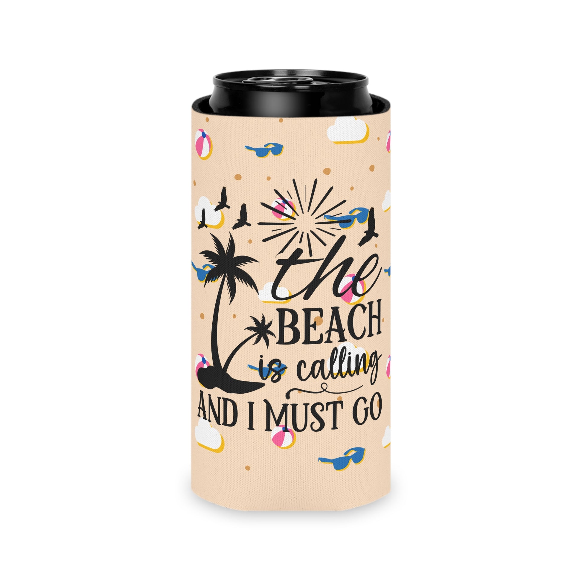 Can Cooler — “The Beach Is Calling, I Must Go” Tropical Palm & Sunglasses Design - Ramshackle Shack