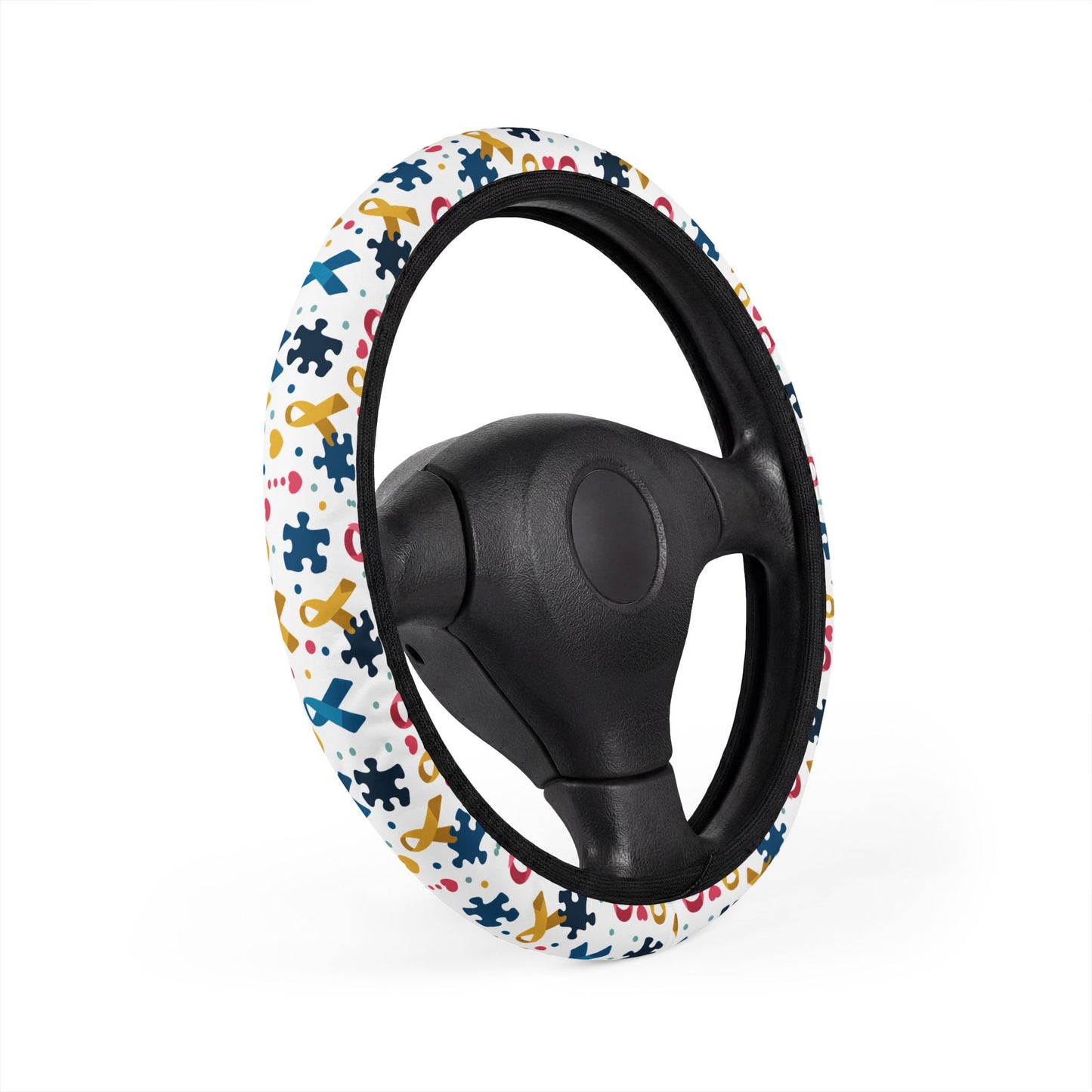 Autism awareness puzzle piece steering wheel cover from Printify, colorful fabric with puzzle pattern for car accessories.