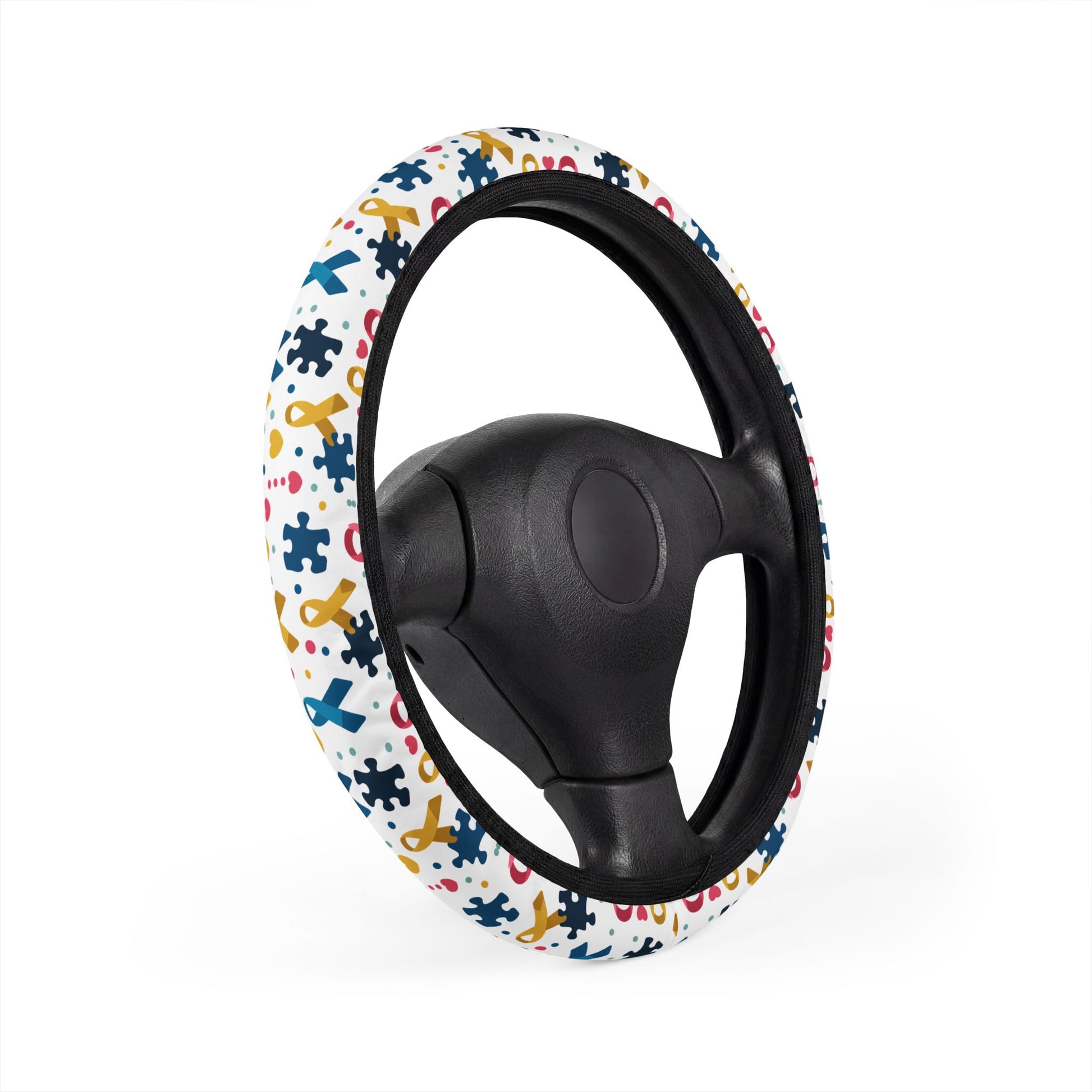 Autism awareness puzzle piece steering wheel cover from Printify, colorful fabric with puzzle pattern for car accessories.