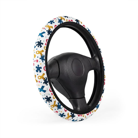 Autism awareness puzzle piece steering wheel cover from Printify, colorful fabric with puzzle pattern for car accessories.